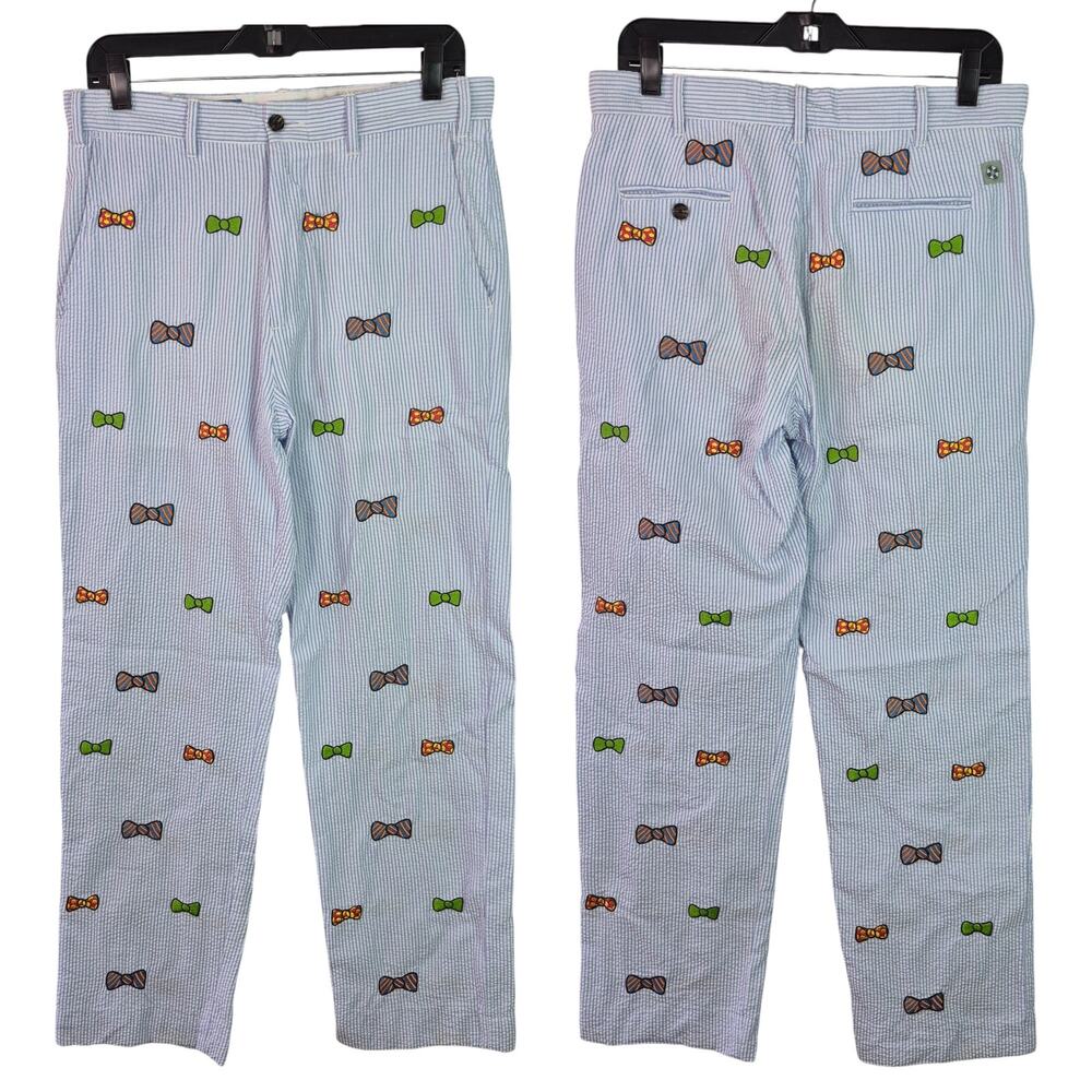 Castaway Nantucket Island Gray White Stripe Embroidered Bow Tie Pants Slacks 32